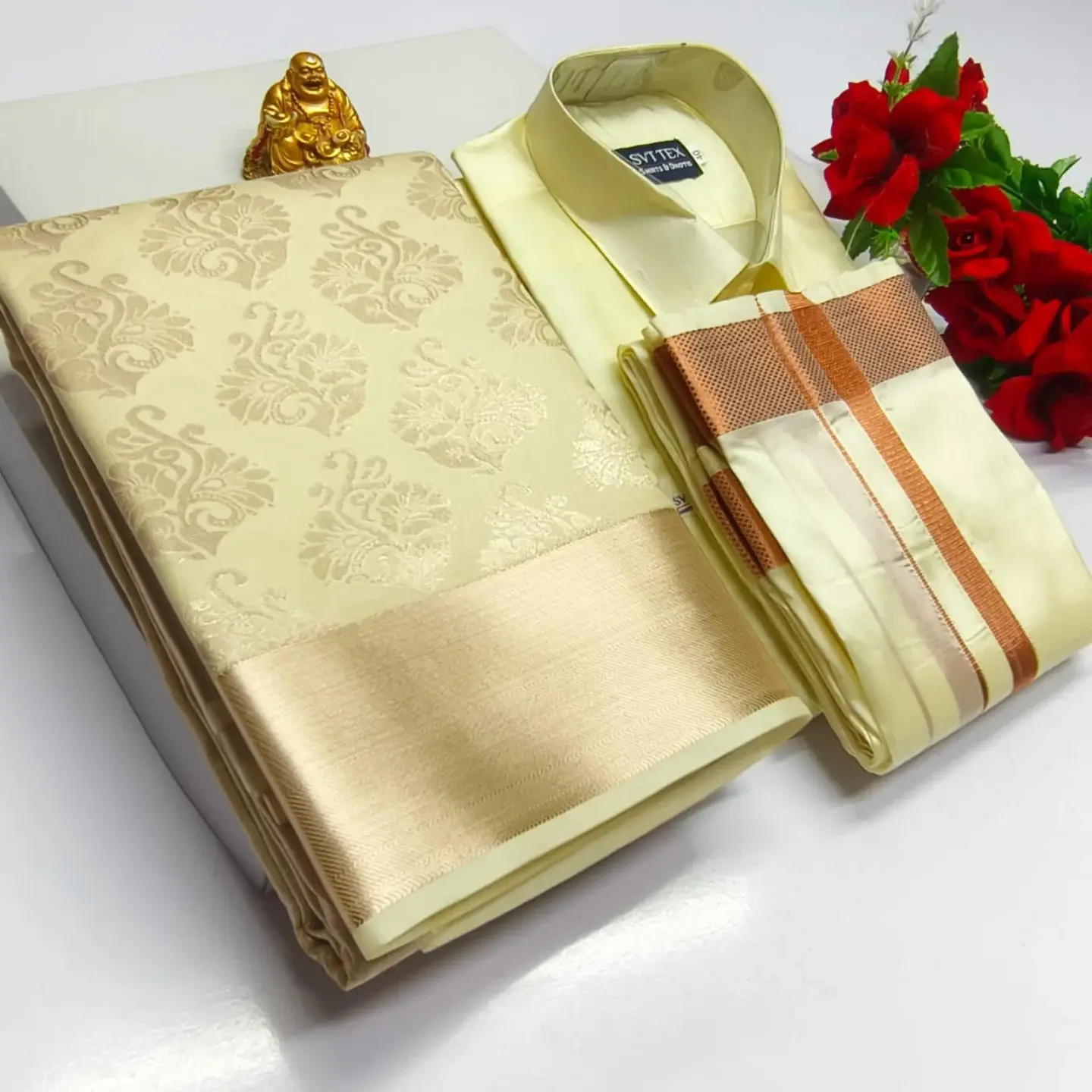 Premium Silk Couple Combo Set – Shirt, Dhoti & Bridal Semi-Silk-Saree