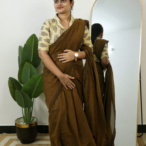 Khadi Cotton Saree With Kalamkari Blouse - Deep cocoa Brown
