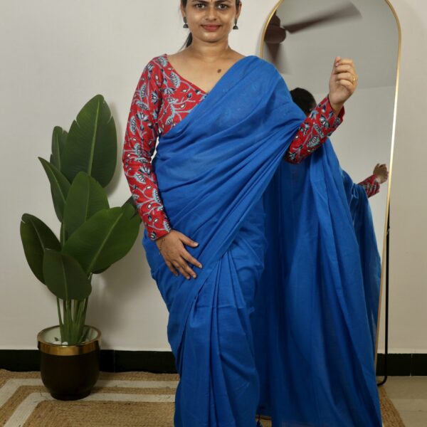 Khadi Cotton Saree With Kalamkari Blouse - ink blue