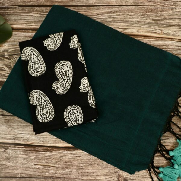 Khadi Cotton Saree With Kalamkari Blouse - Dark peacock green