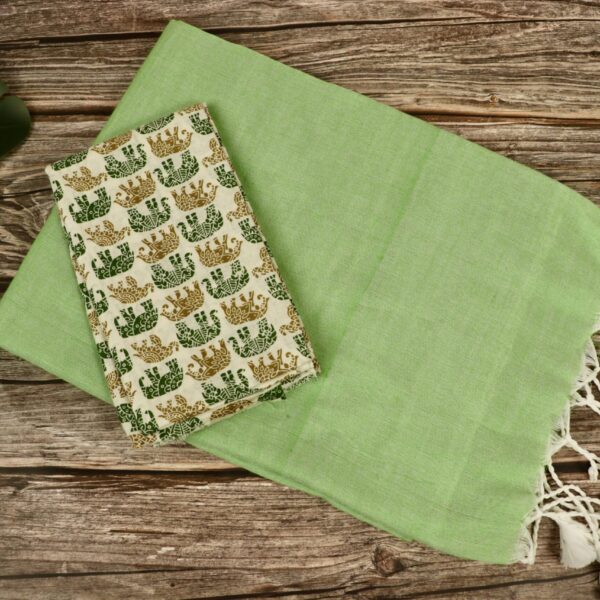 Khadi Cotton Saree With Kalamkari Blouse - Mint pista