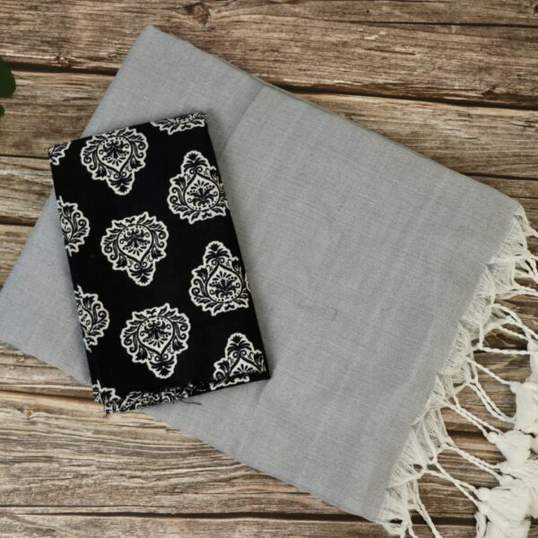 Khadi Cotton Saree With Kalamkari Blouse - light grey