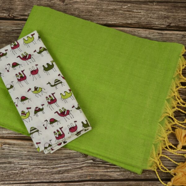 Khadi Cotton Saree With Kalamkari Blouse - Parrot Green