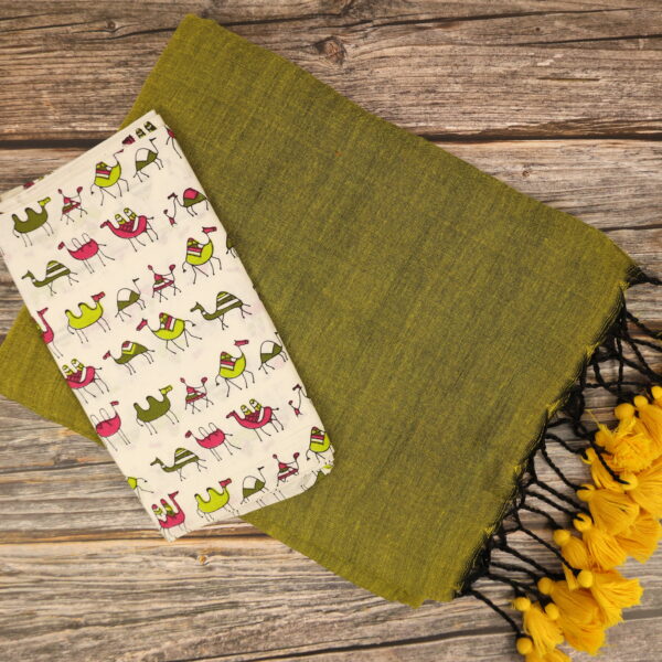 Khadi Cotton Saree With Kalamkari Blouse - olive green