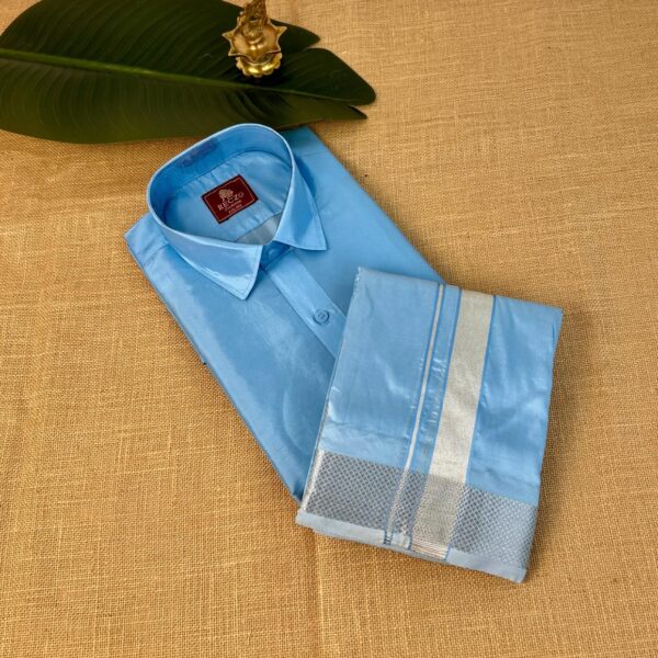 Silver zari shirt & dhoti set - skyblue