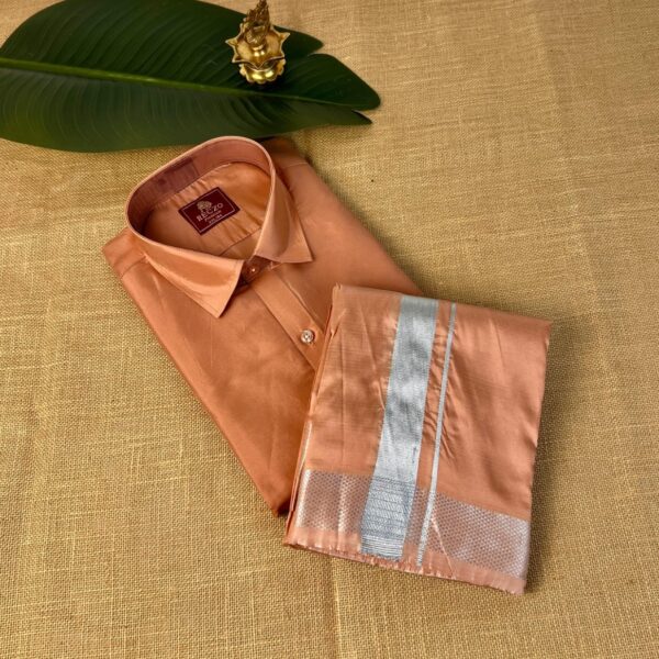 Silver zari shirt & dhoti set - copper