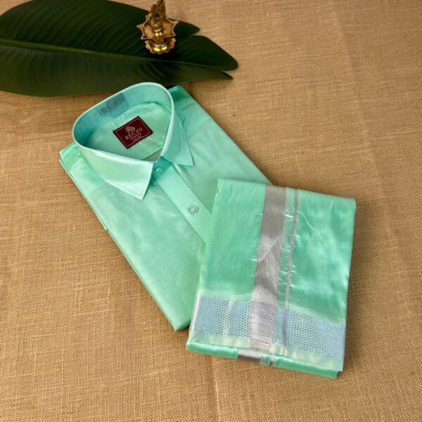 Silver zari shirt & dhoti set - Mint