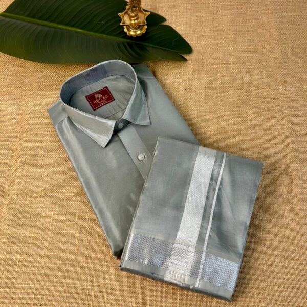 Silver zari shirt & dhoti set - steel grey