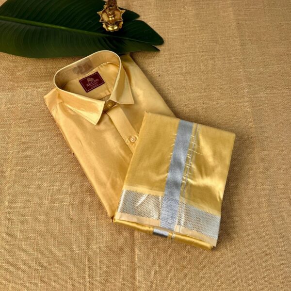 Silver zari shirt & dhoti set - Beach gold