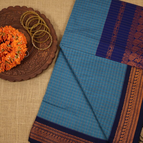 Checked kalyani cotton - sky blue with blue