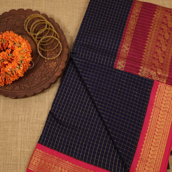 Checked kalyani cotton - Navy blue with rose