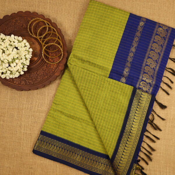 Checked kalyani cotton - Green with blue