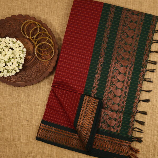 Checked kalyani cotton - Red with green