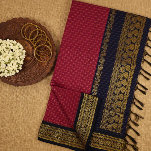 Checked kalyani cotton - Magenta with Navy blue