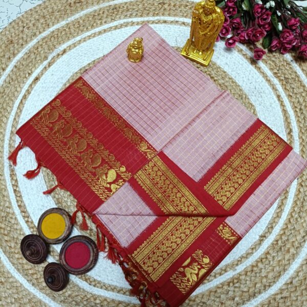 Checked Kalyani Cotton Sarees - light pink with red