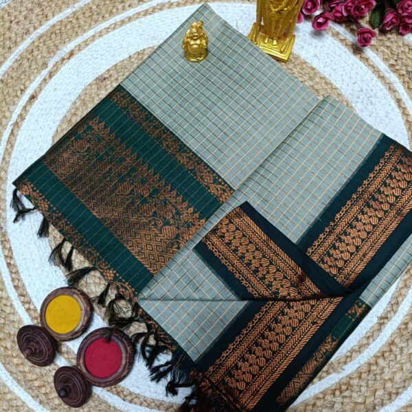 Checked Kalyani Cotton Sarees - Gray with Green