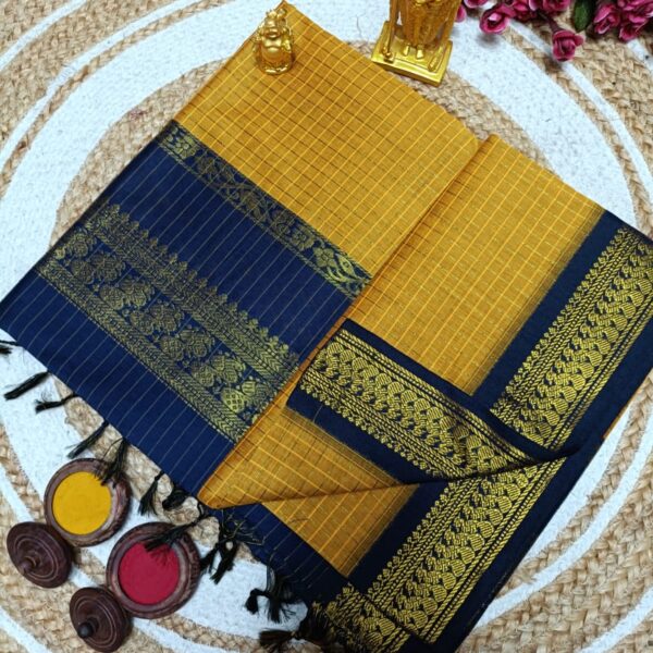 Checked Kalyani Cotton Sarees - mustard yellow with blue