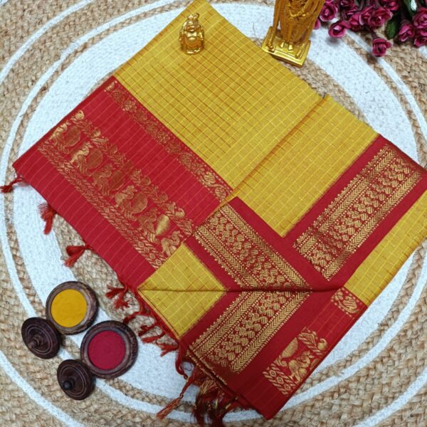 Checked Kalyani Cotton Sarees - mango yellow with red