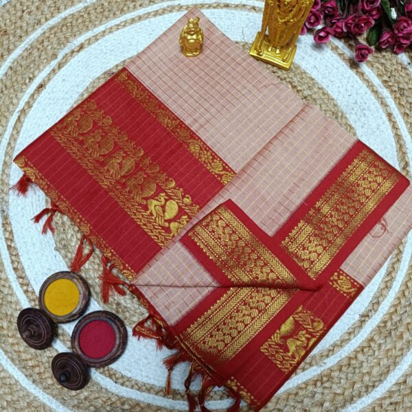 Checked Kalyani Cotton Sarees - pink with red
