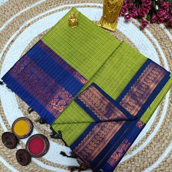 Checked Kalyani Cotton Sarees - parrot green with blue