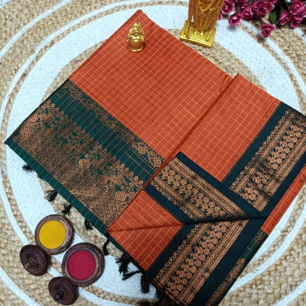 Checked Kalyani Cotton Sarees - Orange with green
