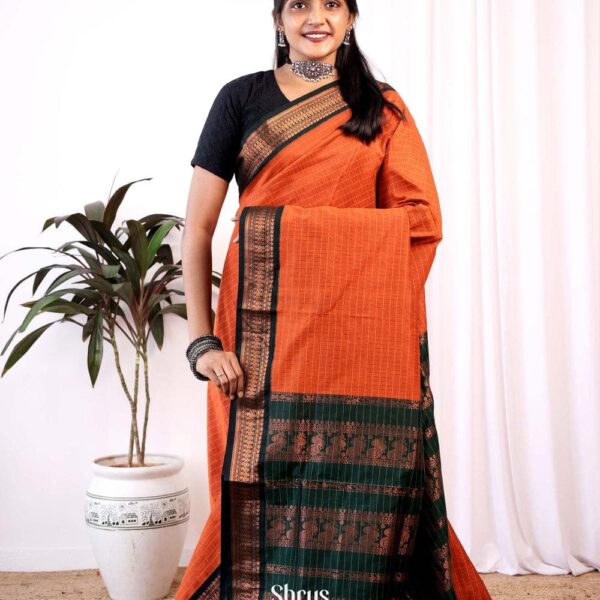 Checked Kalyani cotton - Orange with green