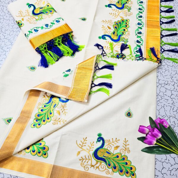kerala cotton saree - blue peacock with gold