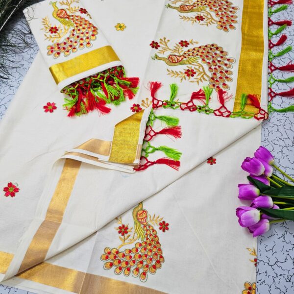 kerala cotton saree - Red peacock with golden zari
