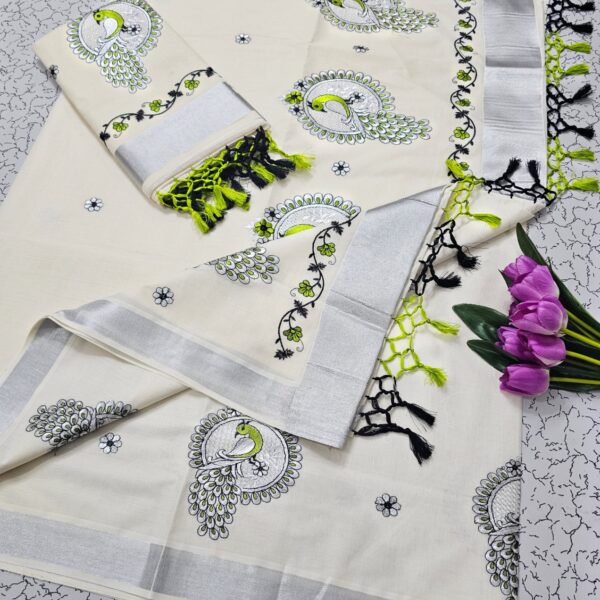 kerala cotton saree - green peacock with silver