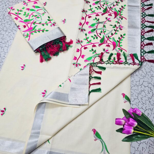 kerala cotton saree - pink bird
